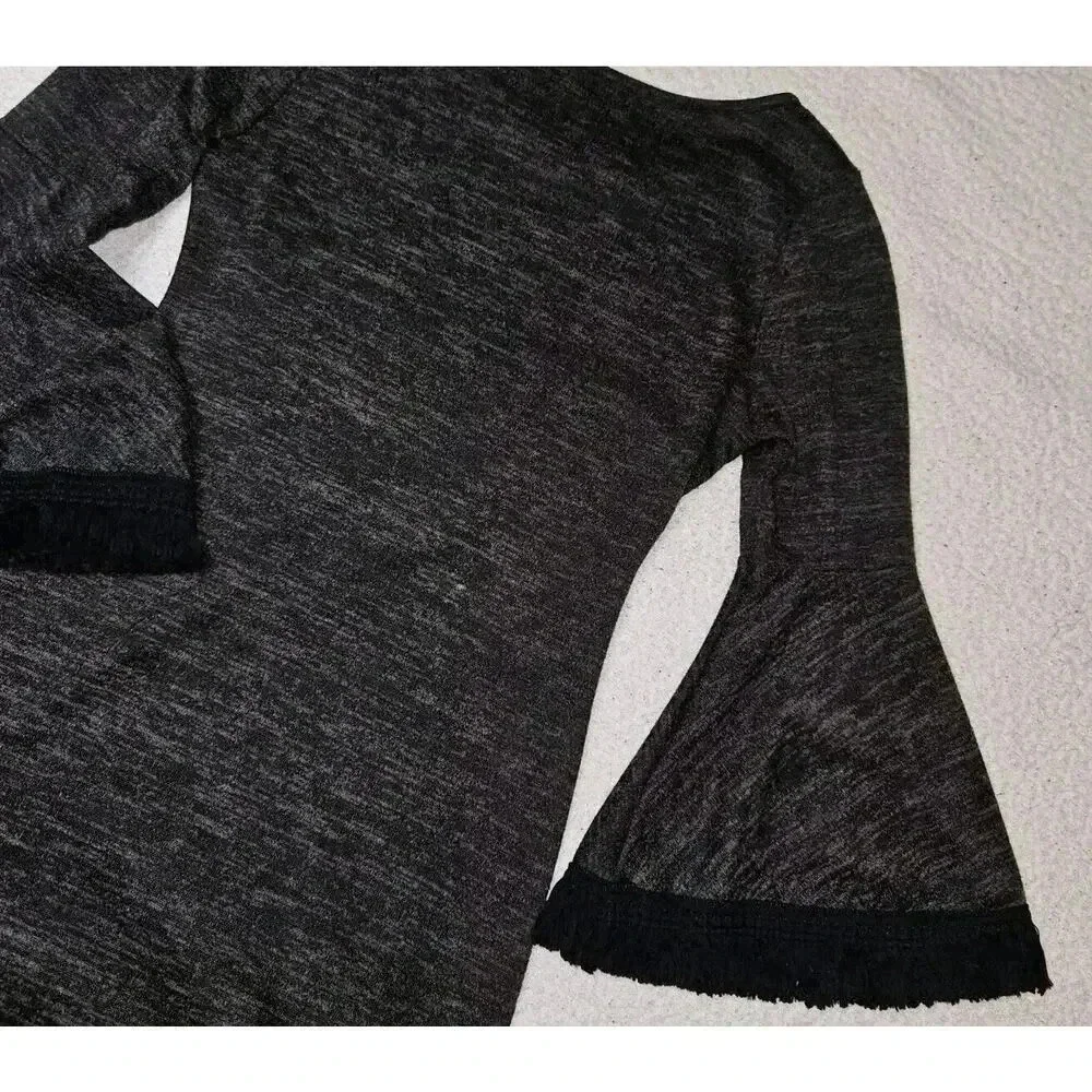 Altar'd State Size Medium Black & Gray Boho Fringe Bell Sleeve Mini Dress - Picture 12 of 12